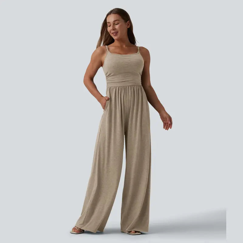 Halara Adjustable Straps Ruched Wide Leg Heathered Casual Jumpsuit with Pockets-Easy Peezy