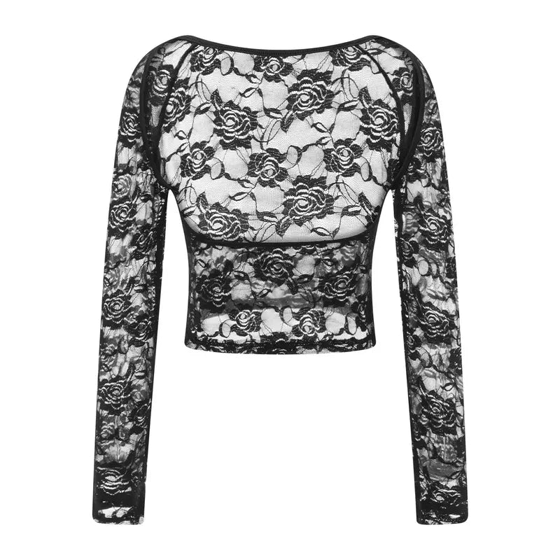 #Springfashion Women Floral Lace Tops Low Cut Sheer Long Sleeve Pullovers Fitted Crop Shirt with Bra Summer Streetwear Clubwear Matching Cropped