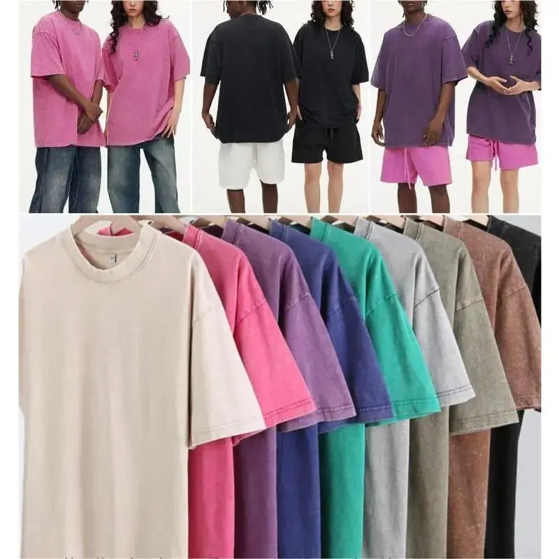 Men's 4-Pack Baggy Oversized Heavyweight Acid Wash Cotton Short-Sleeve Classic Crew Neck Tees - Loose-Fit, Breathable Cotton Keeps Workouts Cool, Built for Gym Street Lounge, Easy-Care Tops (Black, Coffee, Grey)
