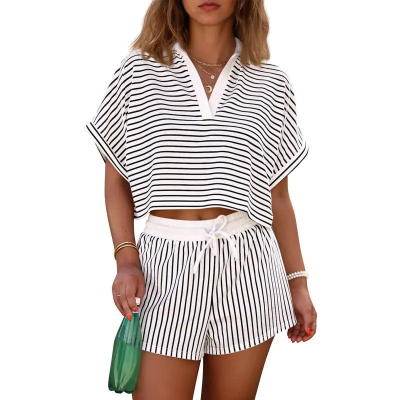 Cicy Bell Womens Striped 2 Piece Short Sets Summer Short Sleeve Collared V Neck Cropped Tops Vacation Casual Lounge Outfits
