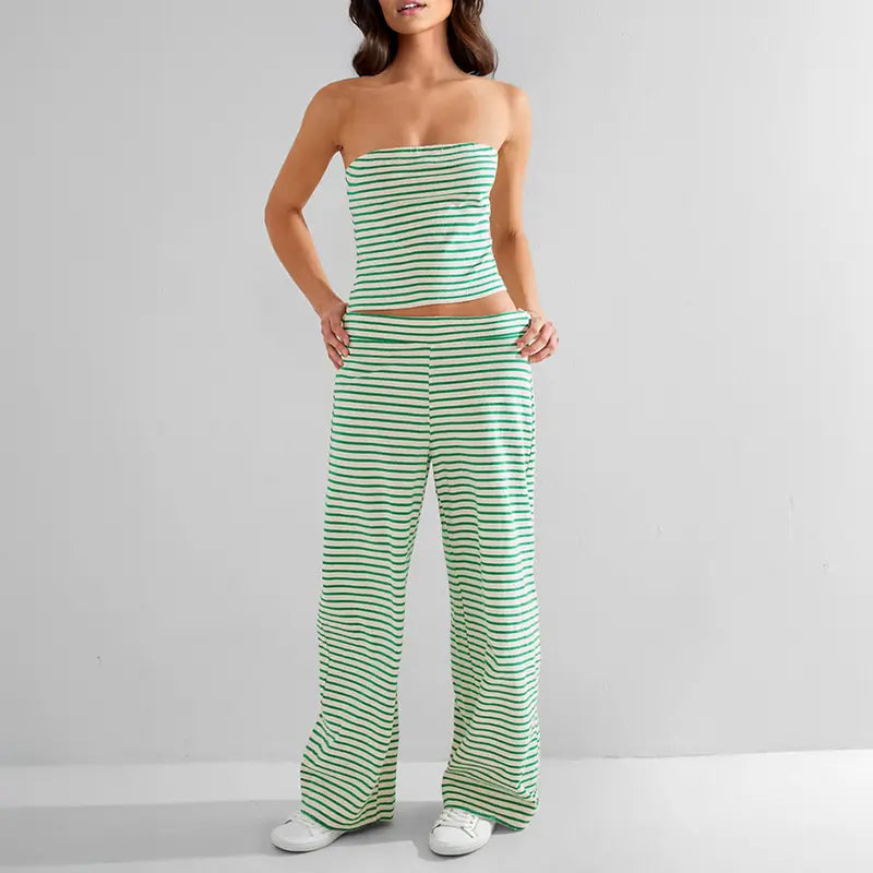 Katch Me Chic(US/CN)Women's Casual Color Matching Stripe Slim Tube Top & Low-Rise Wide Leg Trousers Co-ord, Lightweight Wrinkle-Resistant Spring & Summer Outfits, Skin-Friendly Two Piece Sets #TikTokMadeMeBuyIt #TwoPieceSet #SummerEssentials Cropped Soft