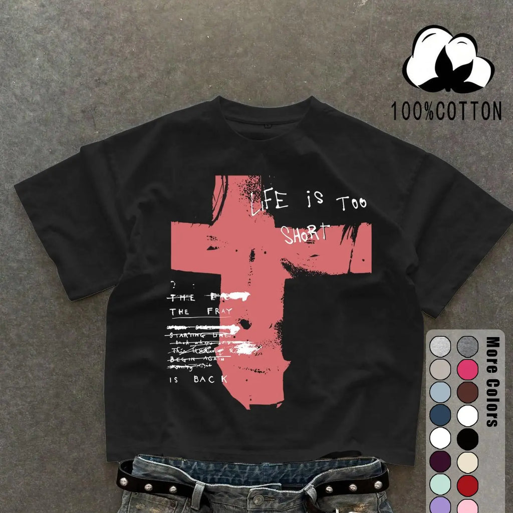 Unisex 100% Cotton Short Sleeve T-Shirt, Cross Graffiti Print, Y2K Dark Gothic Street Style, Streetwear, Casual Daily Wear, Loose-Fitting, Long Length, Aesthetic, Relaxed Fit