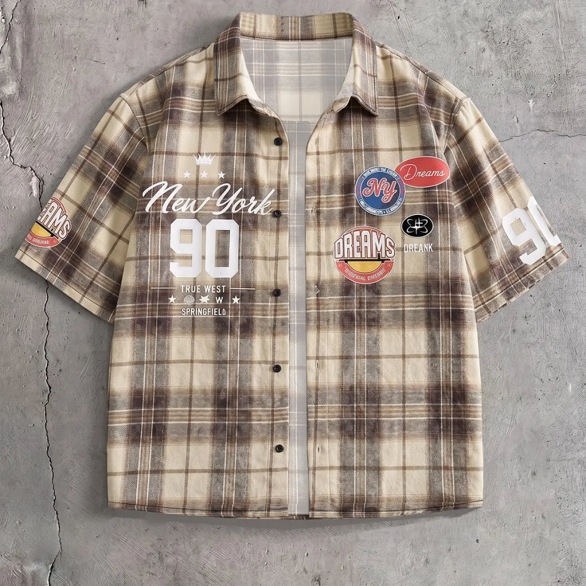Unisex Y2K Plaid Short Sleeve Shirt, Loose-Fitting Oversized Streetwear, Vintage Badge Print, Summer Casual Top, Casual Unique Design