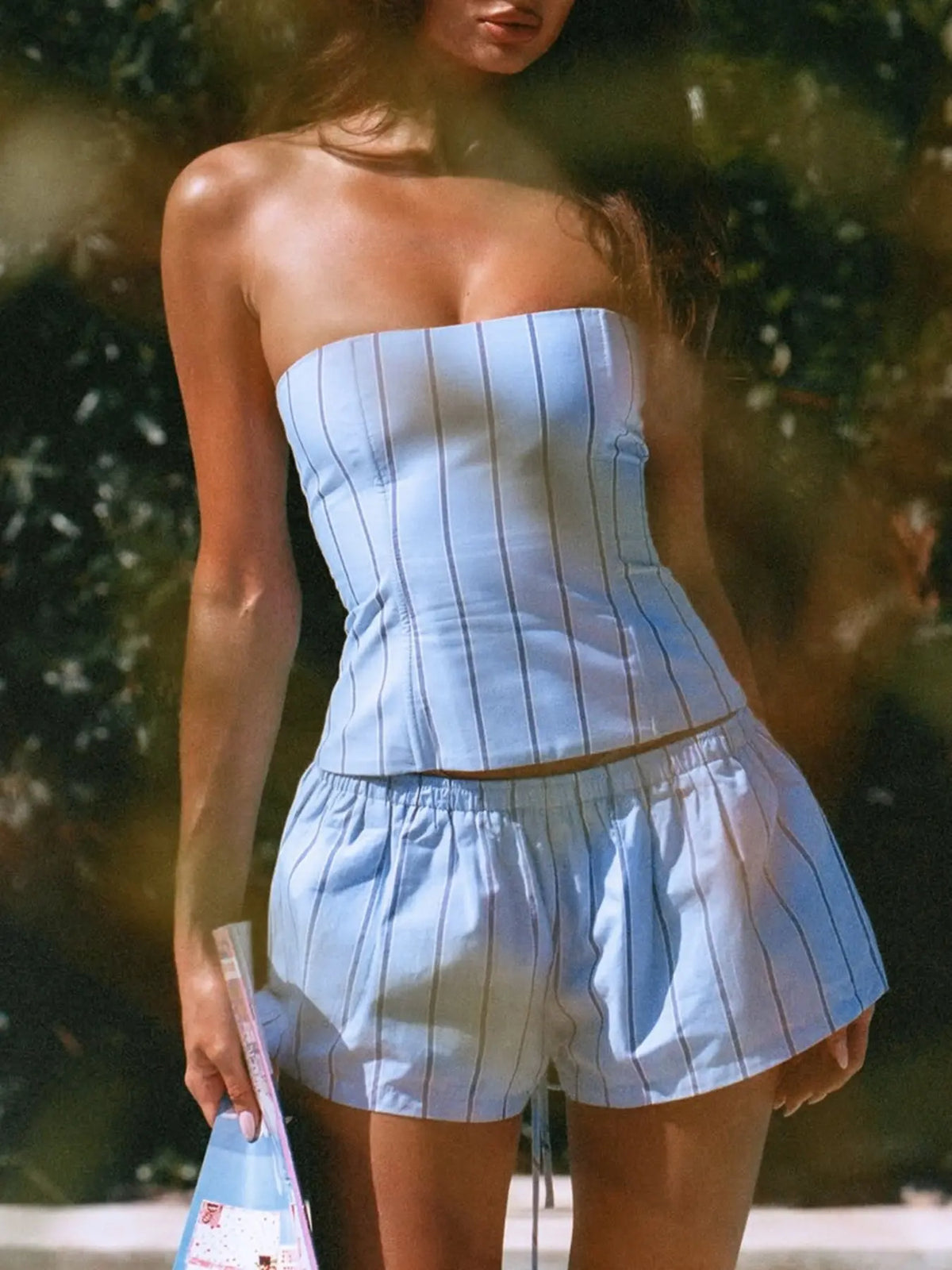 Striped Ribbed Adjustable Drawstring Corset Top & Shorts Matching Clothing Set Two-Piece for Women Summer Sexy Chic Strapless Crop Top and Shorts 2 Piece Set Two Piece Outfit