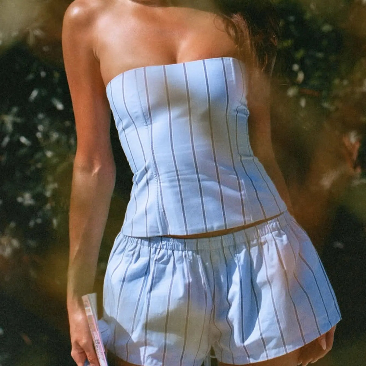 Striped Ribbed Adjustable Drawstring Corset Top & Shorts Matching Clothing Set Two-Piece for Women Summer Sexy Chic Strapless Crop Top and Shorts 2 Piece Set Two Piece Outfit