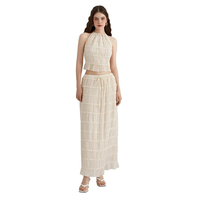 Women’s Two Piece Summer Outfits Sleeveless Ruched Halter Cami Tops and Long Skirt Set Beachwear