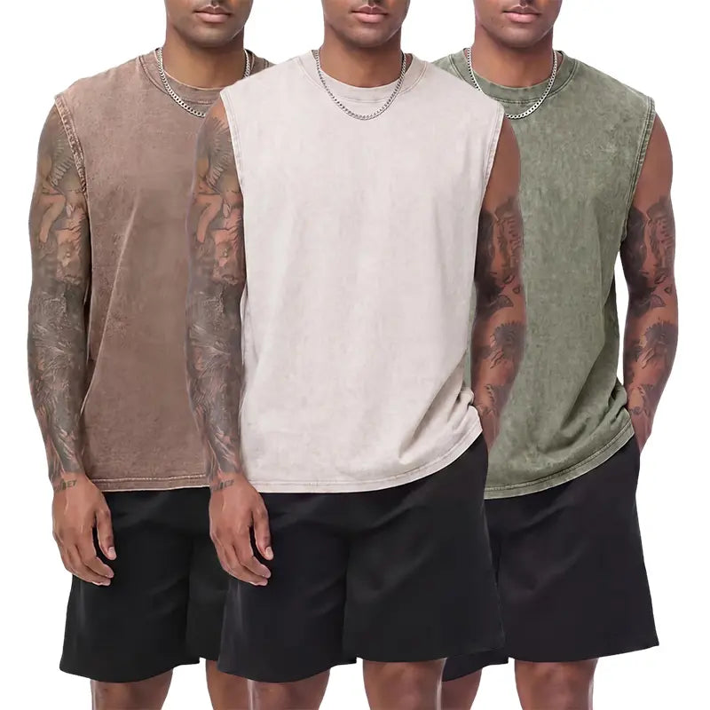 3-pack vintage textured pure cotton sleeveless T-shirts with a distressed wash; crew neck, wide shoulders; casual athletic base layer tank tops for sports, leisure, fitness, running, and basketball. Athleisure Tee Activewear T Shirts