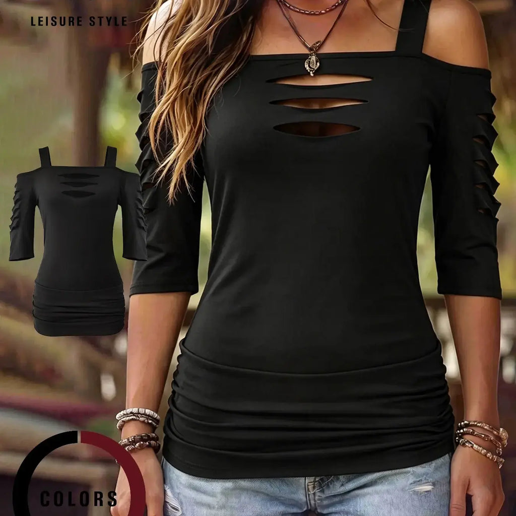 Choove Women's Cold Shoulder 3/4 Sleeve Top, Cutout Strap Detail and Ruched Sides, Slim Fit Going Out Shirt