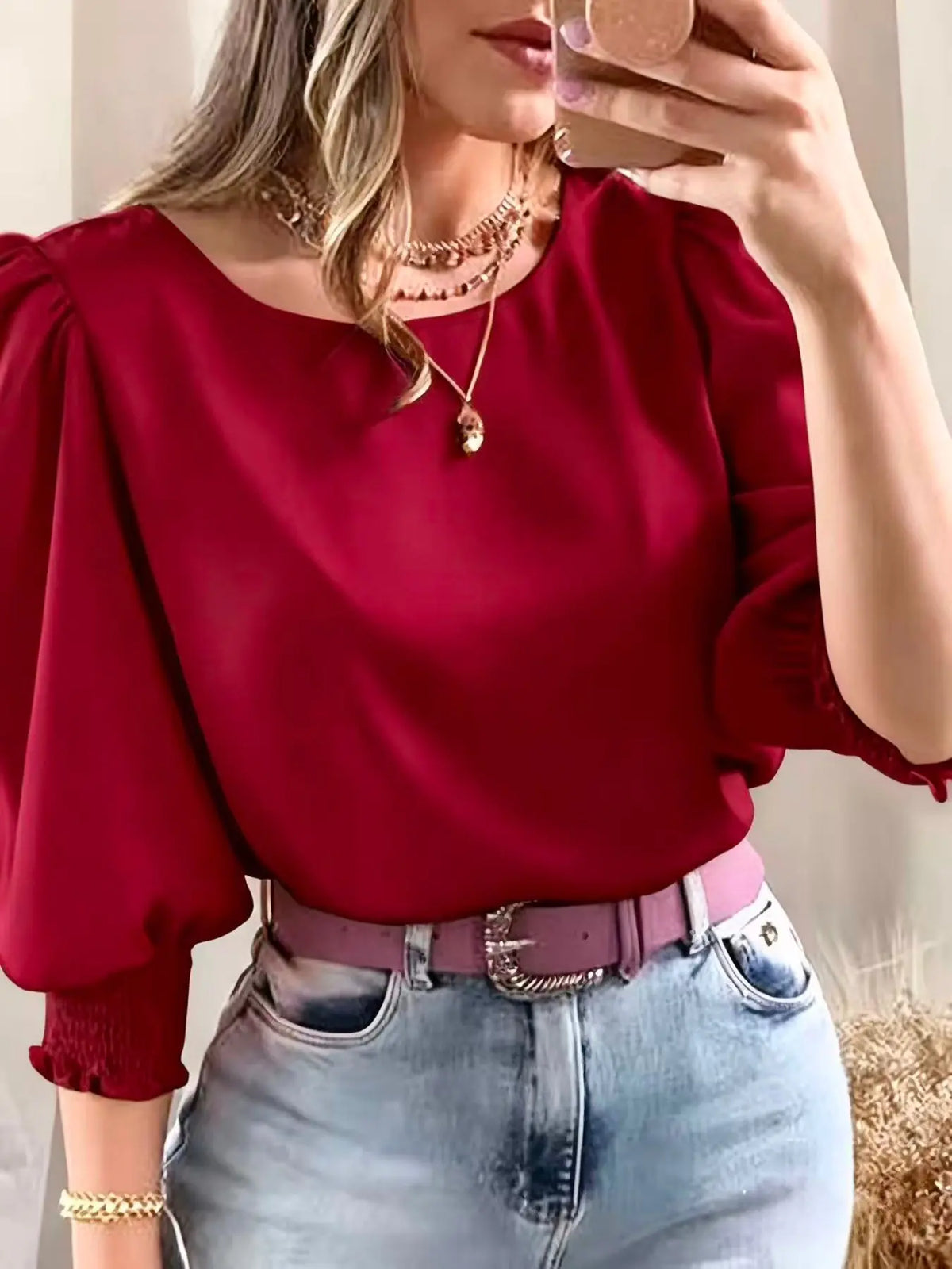 Women's Elegant Casual Chic Shirt with Gathered Cuffs, Boho Loose Blouse, Fashionable Blouse for Daily Wear, Stylish Ladies' Top for Comfort and Style