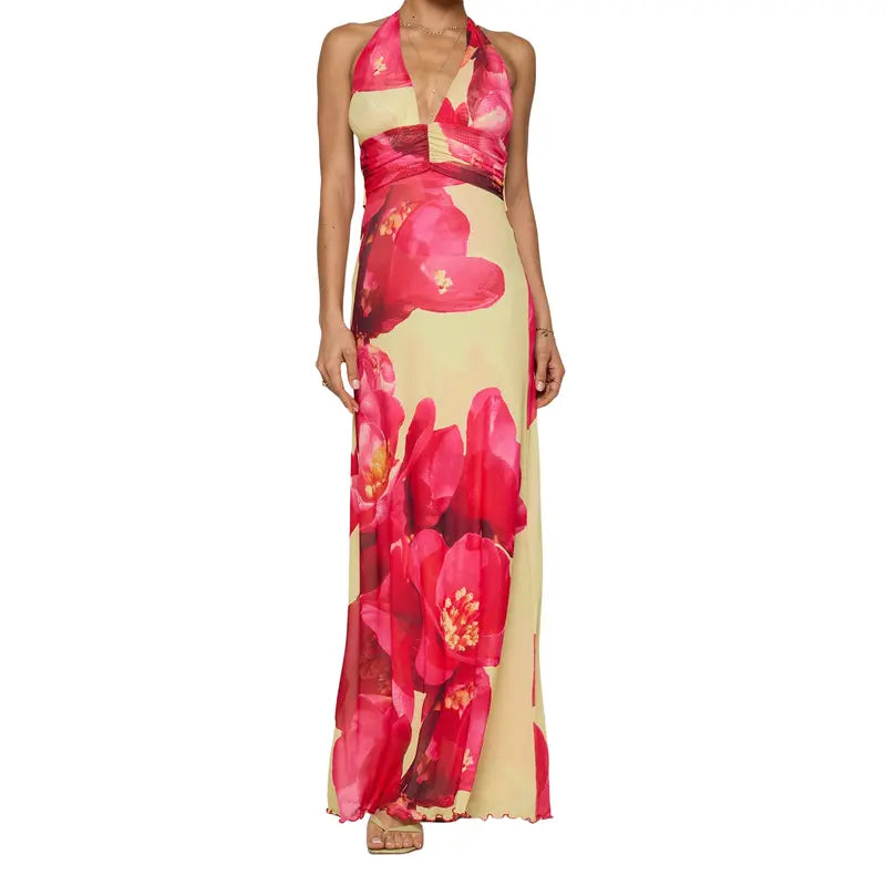 Women Long Dress, Sleeveless Halter Dress Backless Flower/Dots Print Summer Cocktail Dress Womenswear Feminine Formal Light