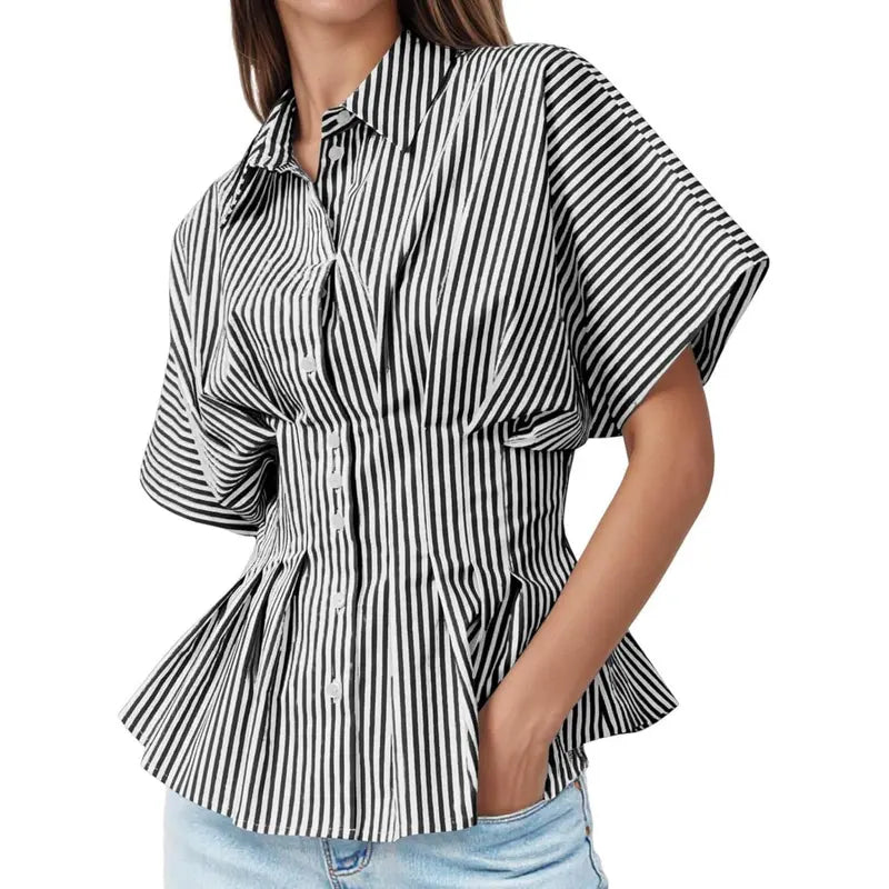 TANKANEO Women's Striped Peplum Button-Down Blouse - Short-Sleeve Batwing, Fitted Waisted, Pleated Polyester Shirts for Women, Flattering Everyday Tops, Breathable Casual Summer Business Wear