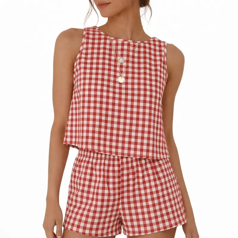 IDEALSANXUN Women's Cute 2-Piece Casual Knit Set - Ribbed Knit Gingham Tank Top with Button Accent, Matching Checkered Shorts, Cropped, Soft Lightweight Cotton, Elastic Waist, Summer Beach Outfit, Two Piece Sets