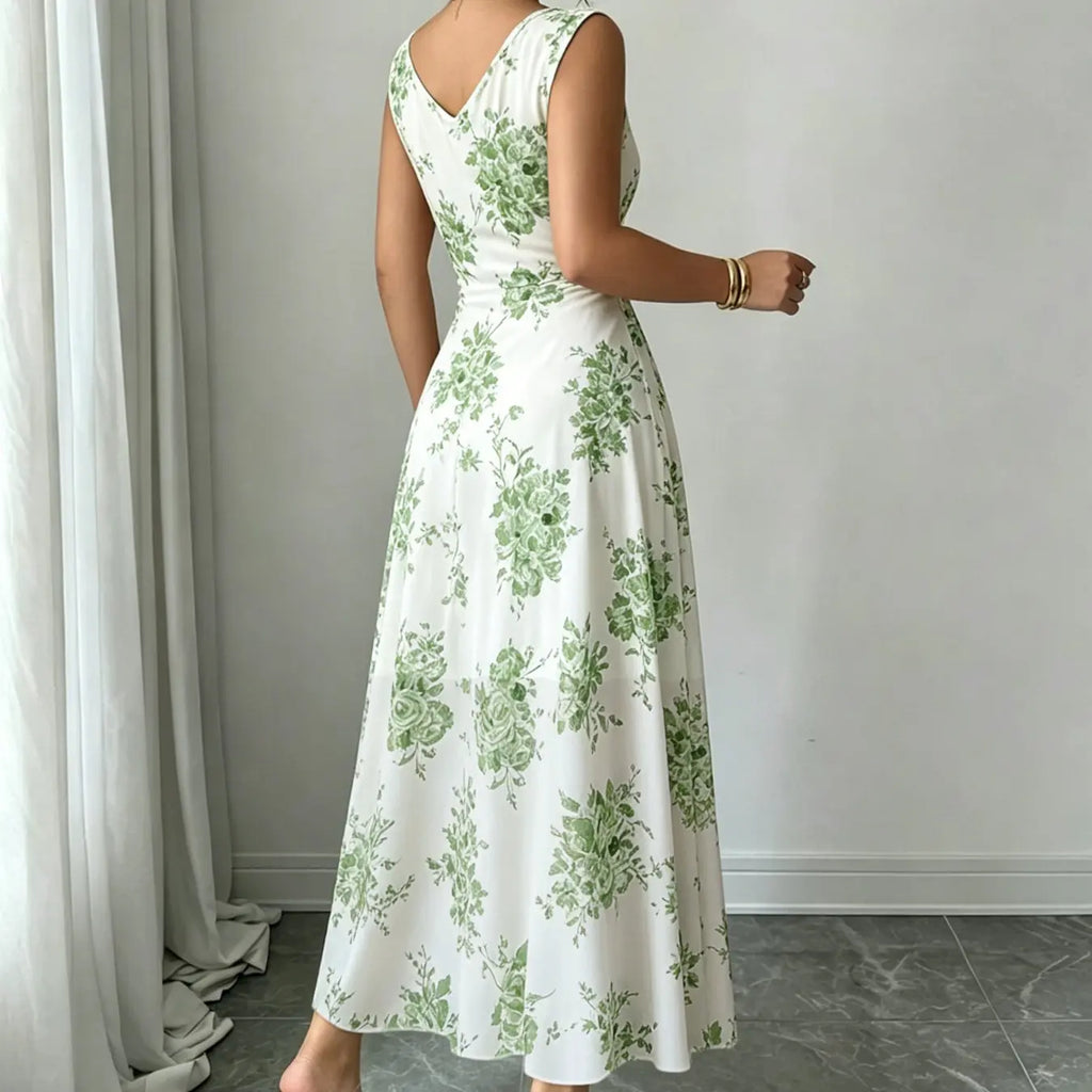Women's Elegant Boho Floral Print Lightweight Mesh A-Line Dress, Sleeveless Adjustable Drawstring Design Long Formal Party Gown, Comfortable Office Wear, Chic Evening Dress, Versatile Daily Wear