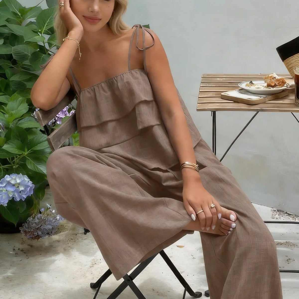 2-Piece Women's Sleeveless Ruffle Top & High Waist Casual Pants Set, High Waisted Sets, Coordinate, Clothes, Comfortable and Trendy Outfits, Stylish Summer Wear