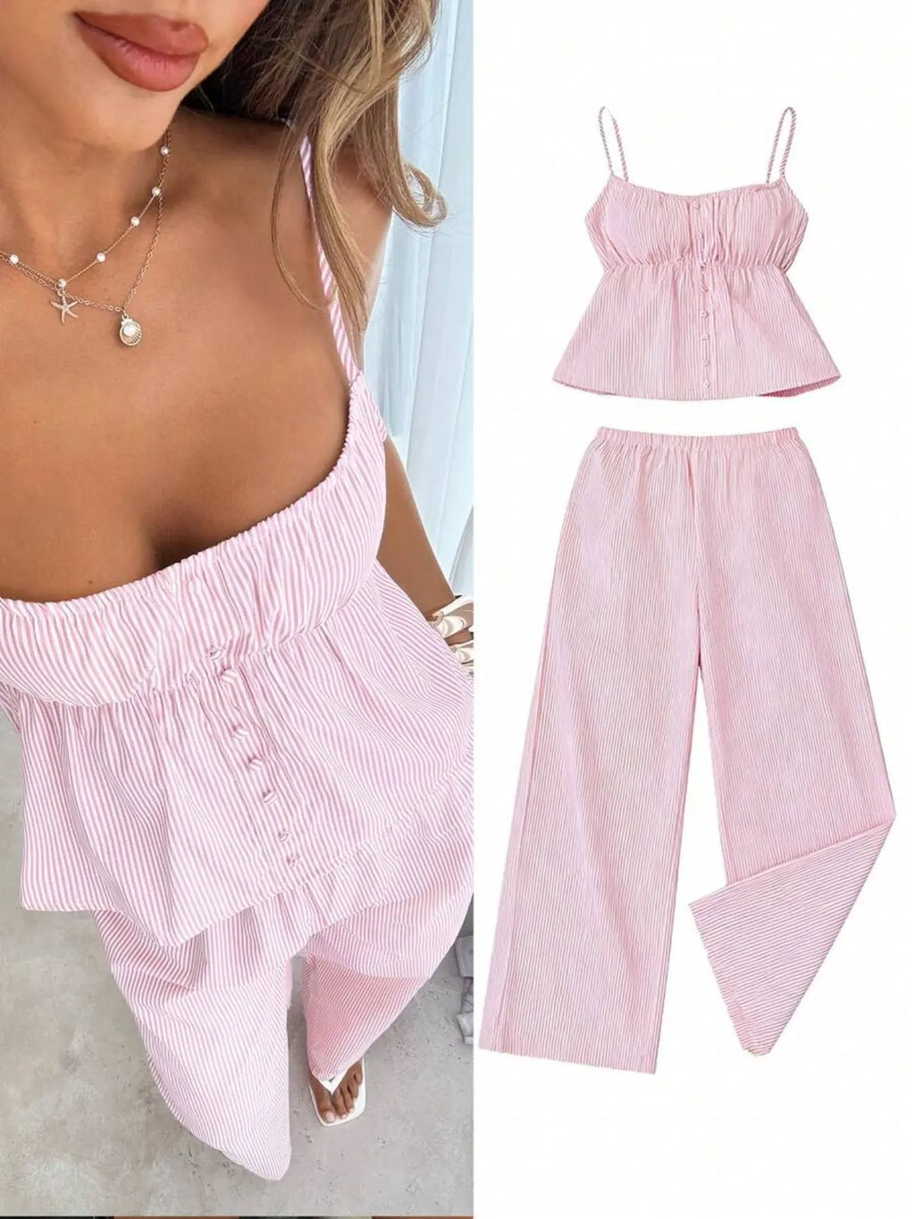Women’s Summer Tank Top and Wide-Leg, Striped Casual Two-Piece Outfit for Campus, Home and Everyday Wear Casual Chic Set