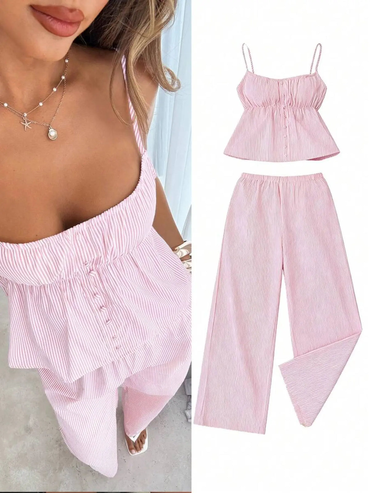 Women’s Summer Tank Top and Wide-Leg, Striped Casual Two-Piece Outfit for Campus, Home and Everyday Wear Casual Chic Set