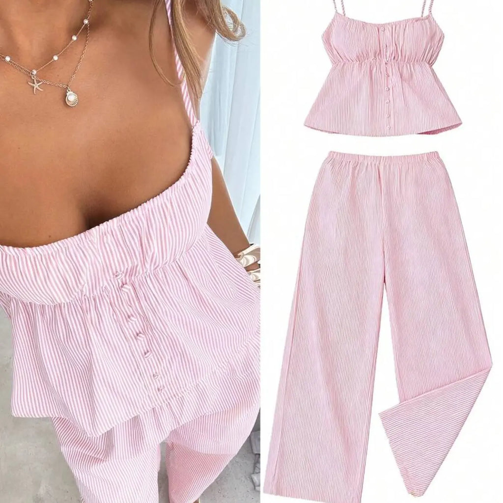 Women’s Summer Tank Top and Wide-Leg, Striped Casual Two-Piece Outfit for Campus, Home and Everyday Wear Casual Chic Set