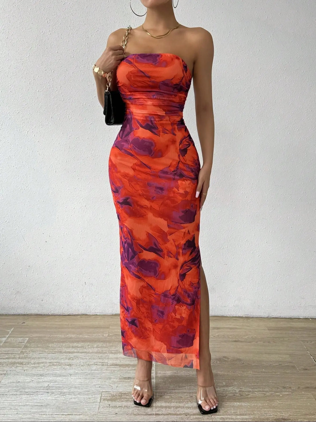 LovelyWholesale, Mother's Day Under $10, Women's All Over Print Ruched Backless, Strapless, Sleeveless Split Thigh Bodycon Fit Tube Dress, Sundress Maxi Dress, Elegant Fashion Dress, for Spring And Summer, Beach Holiday Elegance, Backless Fitted Dress