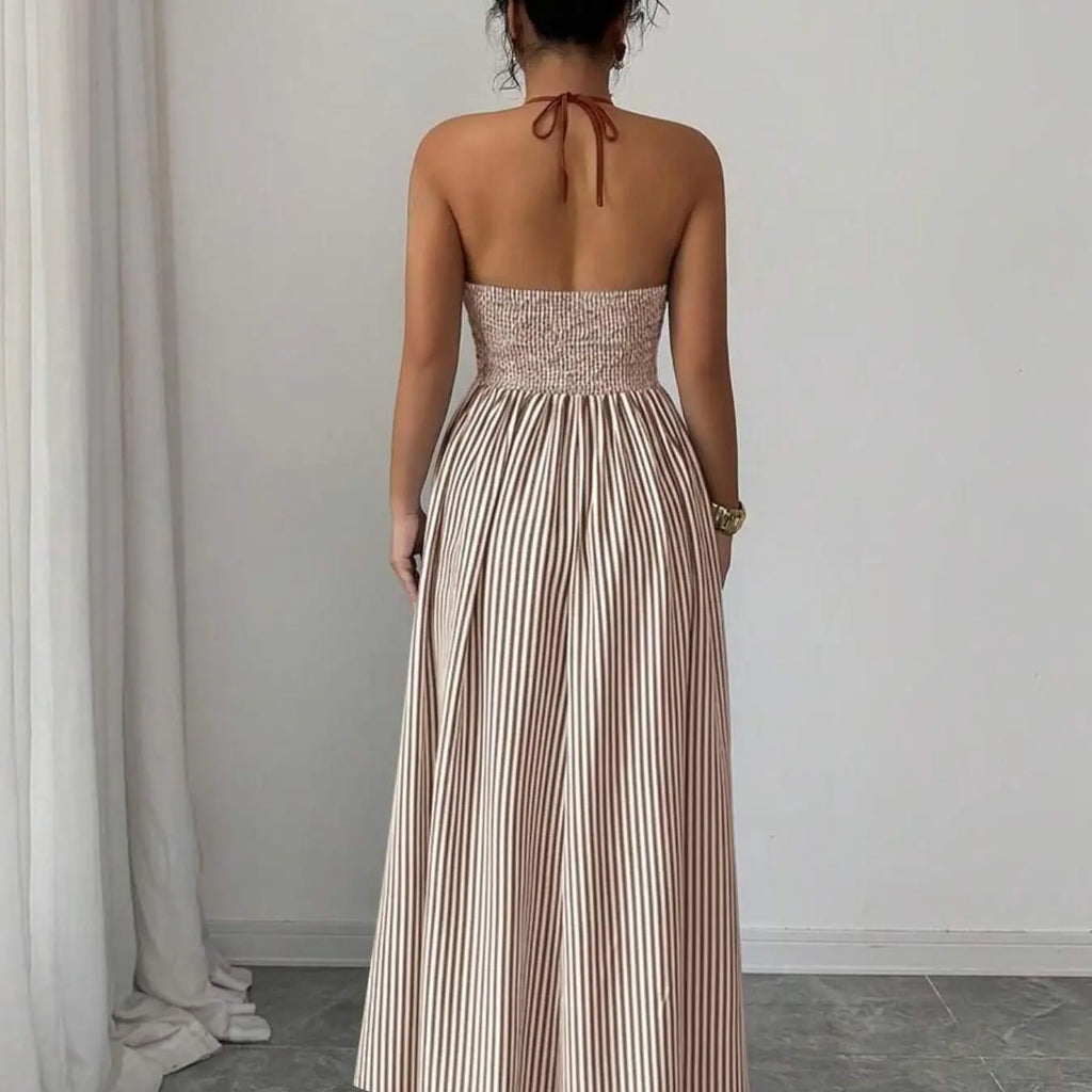 Women's Striped Deep V Neck Backless Sleeveless Maxi Dress, Striped Pattern Dress, Date Night Dresses, Womenswear, Sexy Vacation Chic Style, Elegant Summer Fashion, Perfect for Parties and Casual Wear