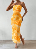 LovelyWholesale, Mother's Day Under $10, Women's All Over Print Ruched Backless, Strapless, Sleeveless Split Thigh Bodycon Fit Tube Dress, Sundress Maxi Dress, Elegant Fashion Dress, for Spring And Summer, Beach Holiday Elegance, Backless Fitted Dress