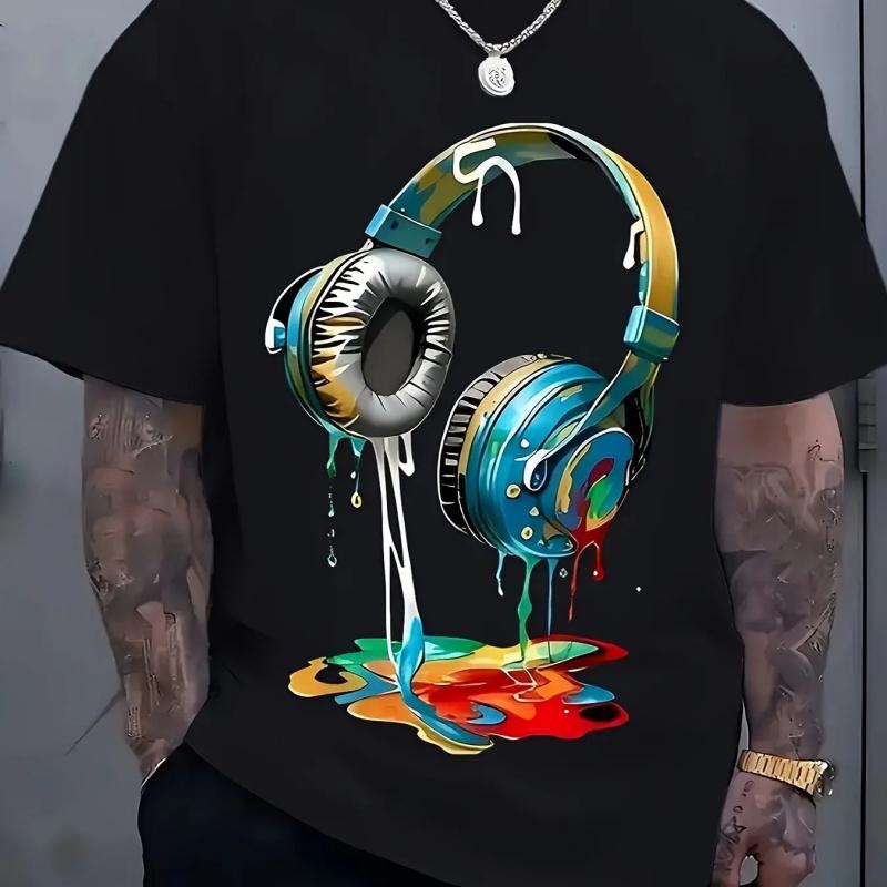 Men'S Streetwear Graphic T-Shirt |   Vibrant Headphones and Paint Splatter Print - Breathable Fabric |   Loose Casual Summer T-Shirt & Machine Washable, Casual Wear