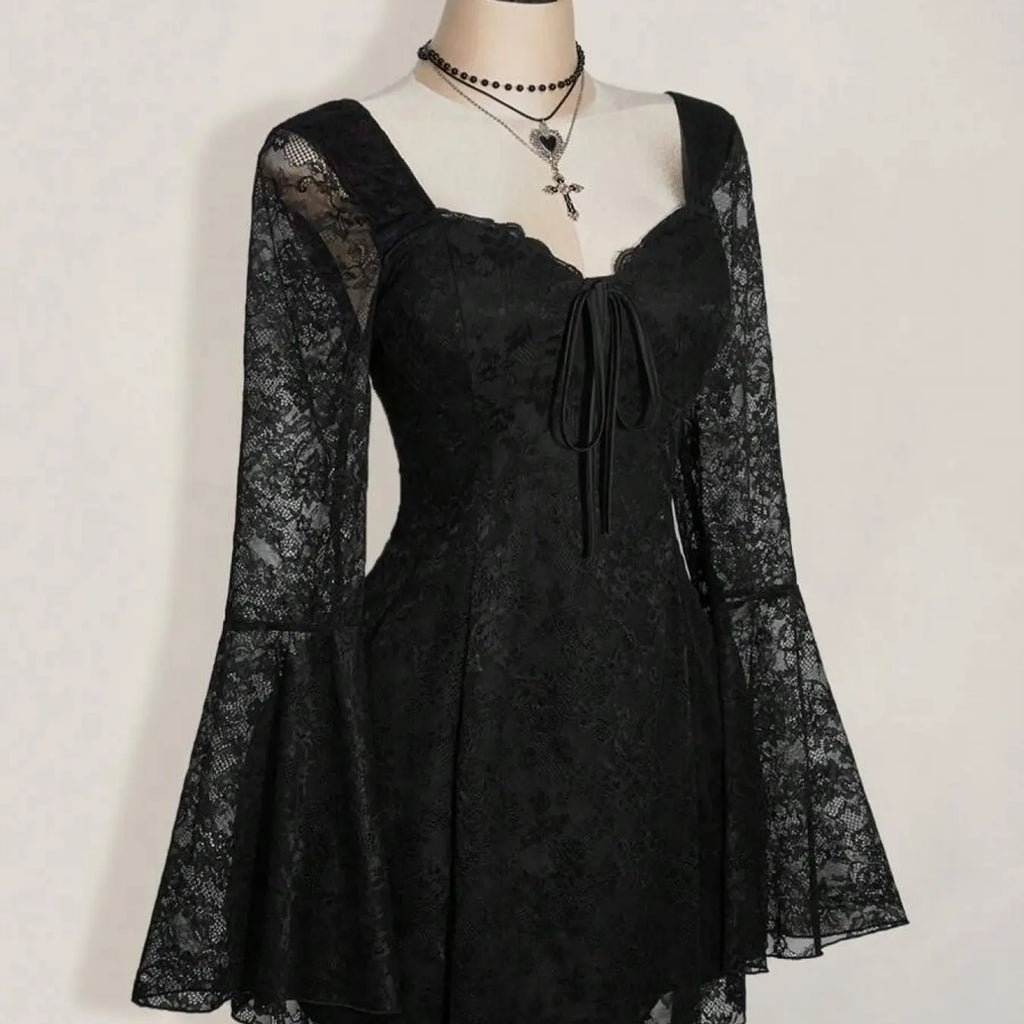 Women's Y2K Punk Lace Long Sleeve Sweetheart Neck Slim Fit Dress, Date Night Dresses, Womenswear, Festival Elegant Formal Style, Fashion Tight-Fitting Bodycon Dress for Summer & Early Fall
