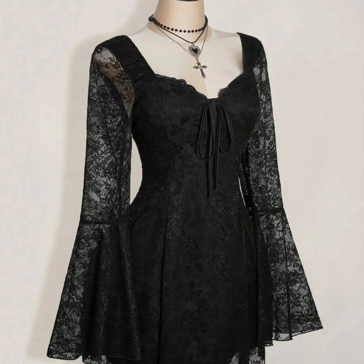 Women's Y2K Punk Lace Long Sleeve Sweetheart Neck Slim Fit Dress, Date Night Dresses, Womenswear, Festival Elegant Formal Style, Fashion Tight-Fitting Bodycon Dress for Summer & Early Fall
