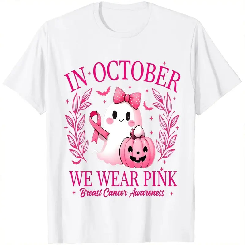 Unisex Washed Vintage Soft Comfortable Round Neck Short-Sleeve Casual T-Shirt - October We Wear Pink Ghost Boo Halloween Breast Cancer Awareness Graphic Top, Tops, Shortsleeve
