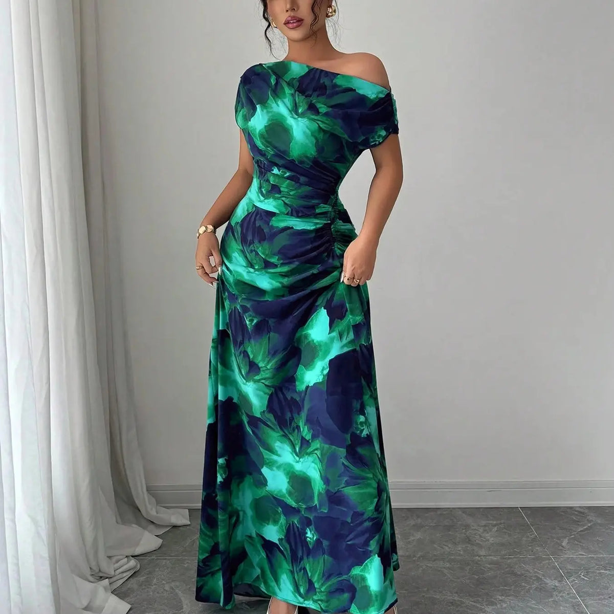 Women's Minimalist Print Asymmetrical Ruffled Floral Formal Dress with Shoulder and Waist Details, Elegant Chic Evening Formal Wear Fashion for Parties and Casual Outings