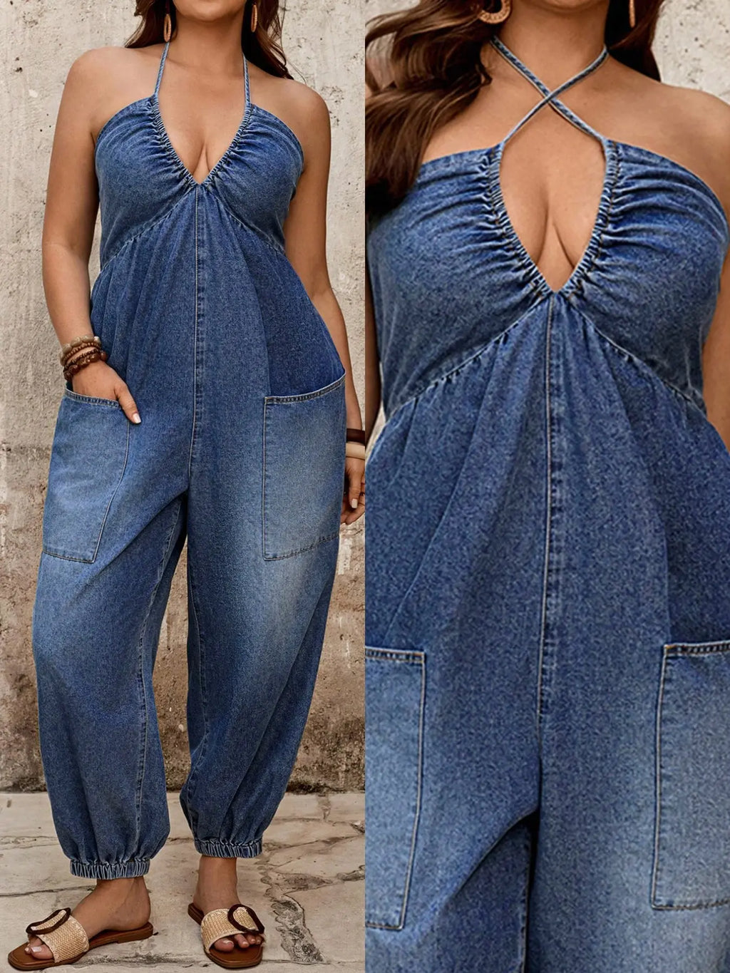 Plus Size Halter Neck Denim Romper, Sleeveless, Casual Elastic Waist with Pockets, Essential Travel Wear, Comfortable, Stylish and Aesthetic, Overalls