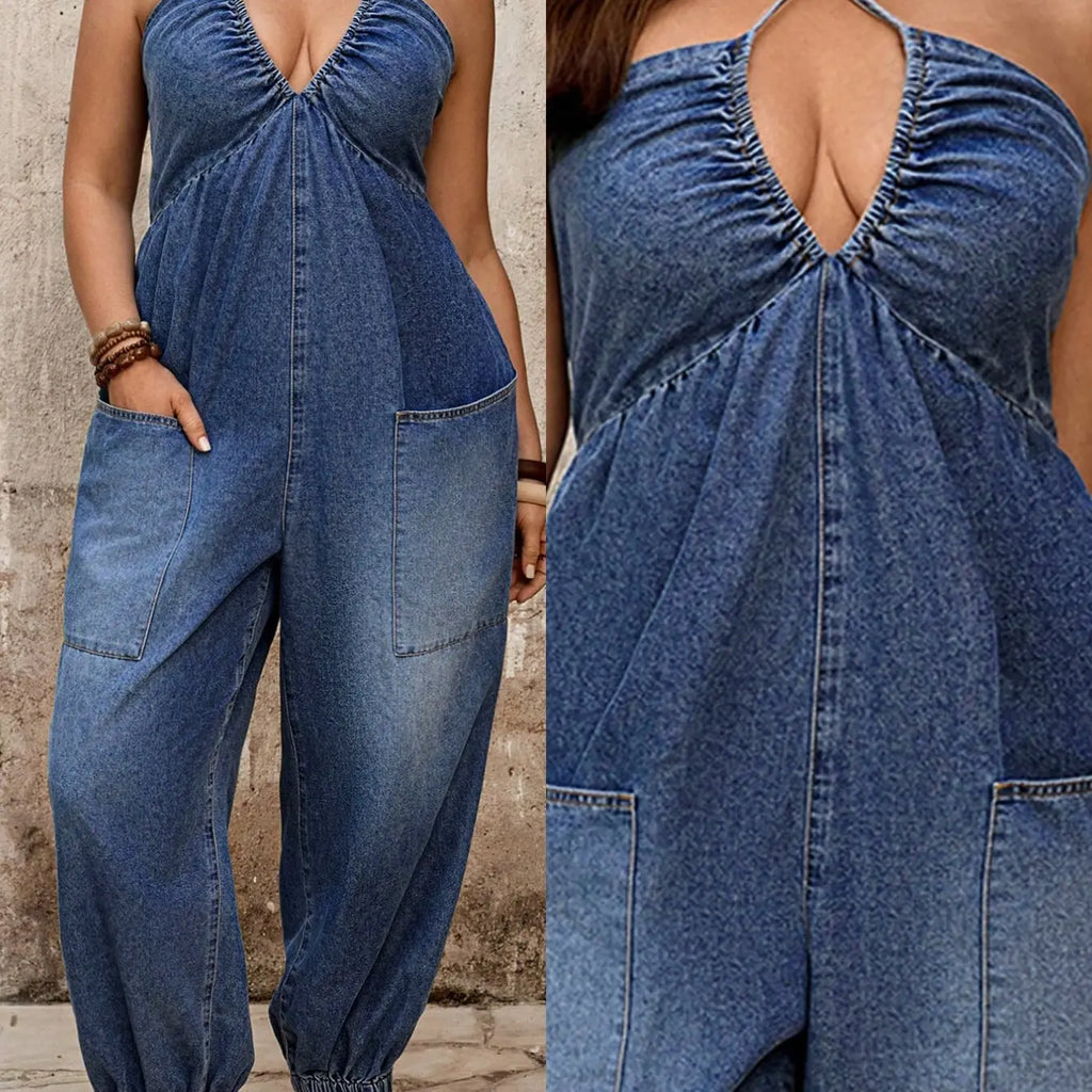 Plus Size Halter Neck Denim Romper, Sleeveless, Casual Elastic Waist with Pockets, Essential Travel Wear, Comfortable, Stylish and Aesthetic, Overalls