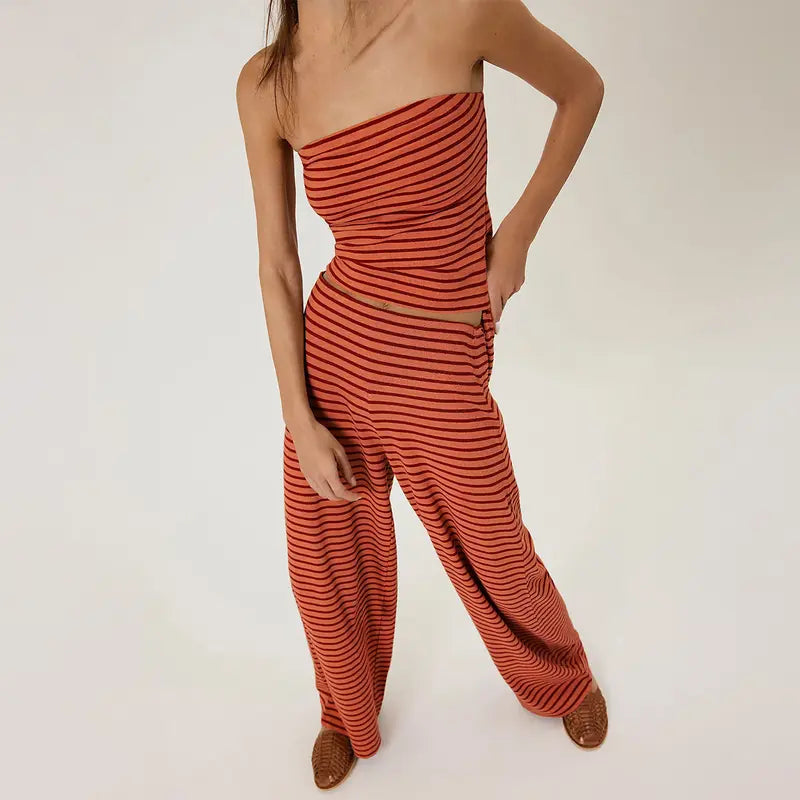 Katch Me Chic(US/CN)Women's Casual Color Matching Stripe Slim Tube Top & Low-Rise Wide Leg Trousers Co-ord, Lightweight Wrinkle-Resistant Spring & Summer Outfits, Skin-Friendly Two Piece Sets #TikTokMadeMeBuyIt #TwoPieceSet #SummerEssentials Cropped Soft