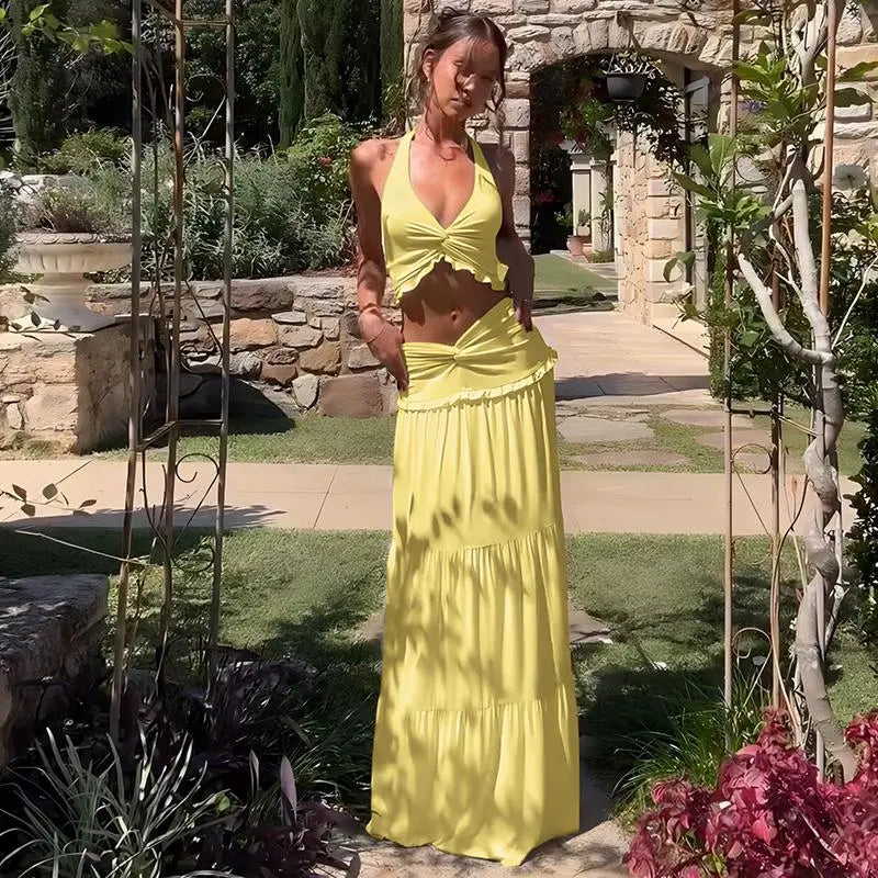 Backless Crop Top & Ruched Skirt Two Pieces Set Women's 2026 Summer & Fall New Clothes Sleeveless Halter Neck Top & Skirt Ladies Holiday Vacation Beach Lightweight Outfits Solid Color Skirt Suit