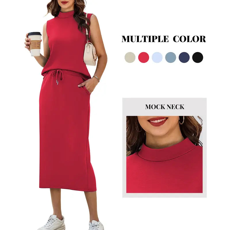 Casly Lamiit Women's 2-Piece Soft Fabric Crew Neck Cap Sleeve Top & Drawstring Midi Skirt Set with Pockets, Summer Lounge Basics Outfits