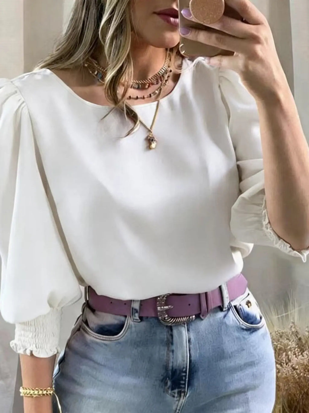 Women's Elegant Casual Chic Shirt with Gathered Cuffs, Boho Loose Blouse, Fashionable Blouse for Daily Wear, Stylish Ladies' Top for Comfort and Style