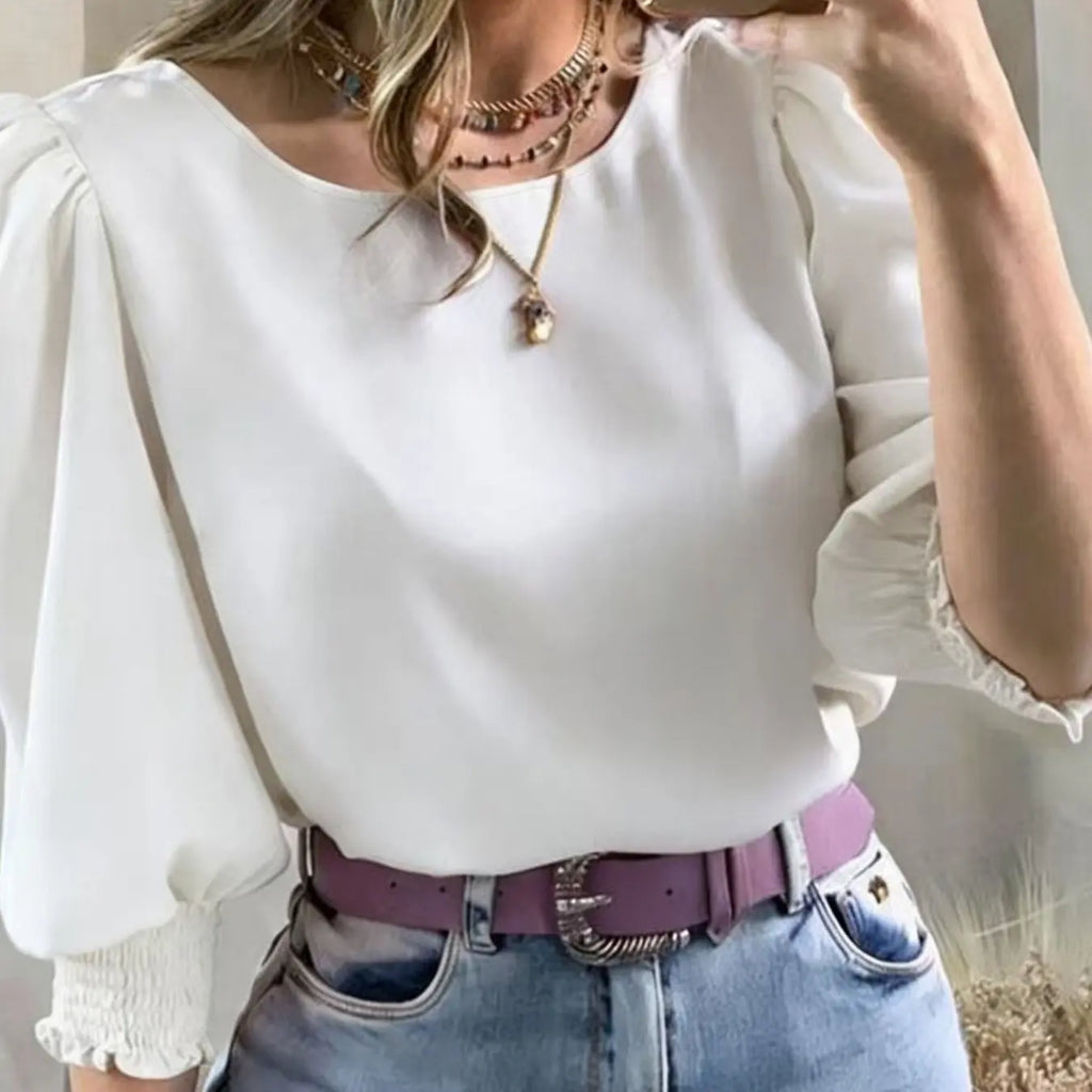 Women's Elegant Casual Chic Shirt with Gathered Cuffs, Boho Loose Blouse, Fashionable Blouse for Daily Wear, Stylish Ladies' Top for Comfort and Style