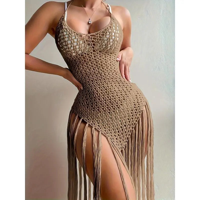 [Bohemian Fringe Lace Dress] Women's Boho Clothes Lace Fabric Sleeveless Semi-Sheer Flowing Skirt Beach Resort-Ready Outfit, All-Season Casual to Semi-Formal Protective Gear, Hand-Wash Simple (Dry Clean Option)