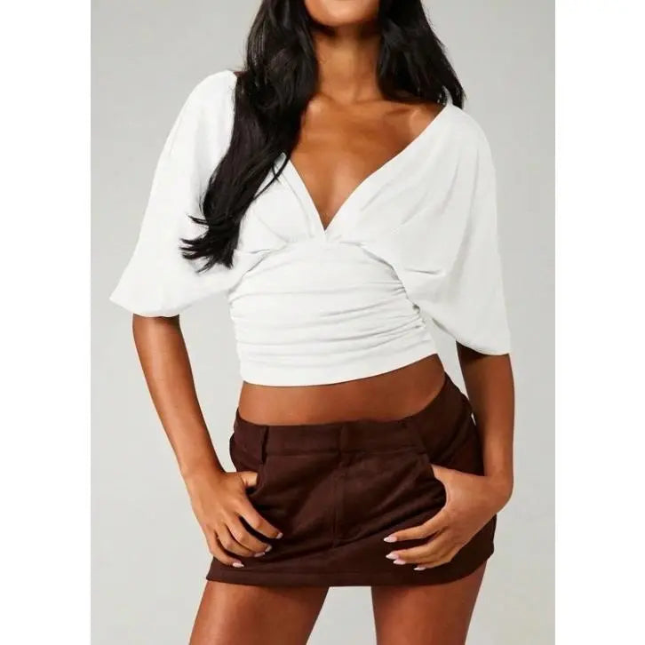 Women's Sexy Deep V-Neck Batwing Sleeve Crop Top Ruched Cinched Waist Short Blouse Fashion Y2K Casual Spring Summer Going Out Clubwear Dolman Shirts Elegant Pleated Slim Fit Tops for Women Trendy Streetwear Party Holiday Wardrobe Essential