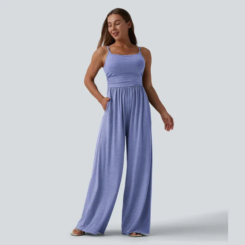 Halara Adjustable Straps Ruched Wide Leg Heathered Casual Jumpsuit with Pockets-Easy Peezy