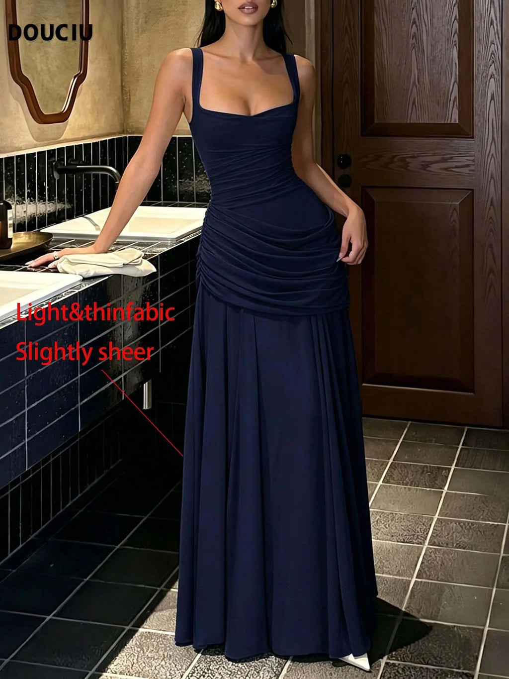DOUCIU Spring Summer Thin Plain Semi-Transparent Long Dress Gowns, Elegant Pleated Chiffon A-Line Dress, Cross Back Maid Dress, Wedding Guest Evening Party Formal Dress, A Line Dresses