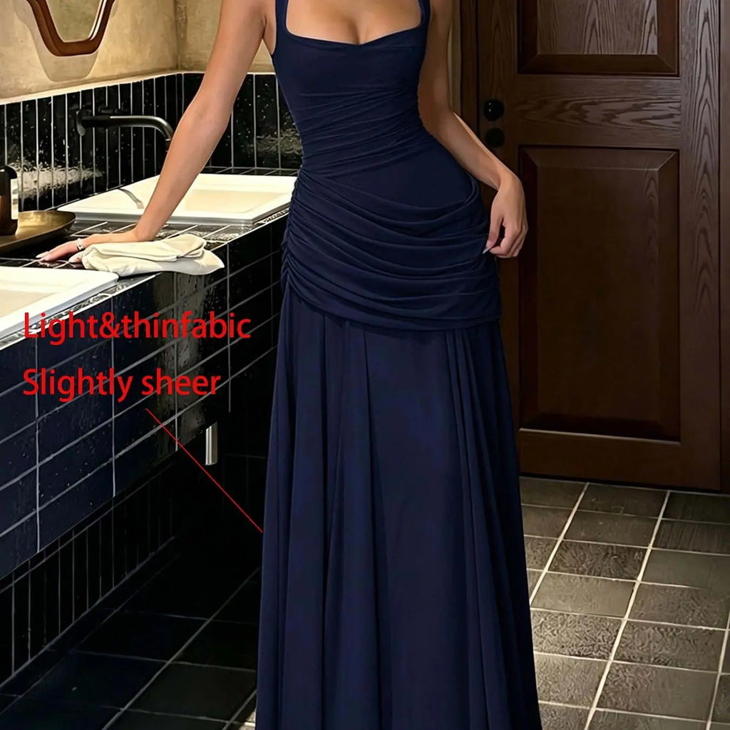 DOUCIU Spring Summer Thin Plain Semi-Transparent Long Dress Gowns, Elegant Pleated Chiffon A-Line Dress, Cross Back Maid Dress, Wedding Guest Evening Party Formal Dress, A Line Dresses