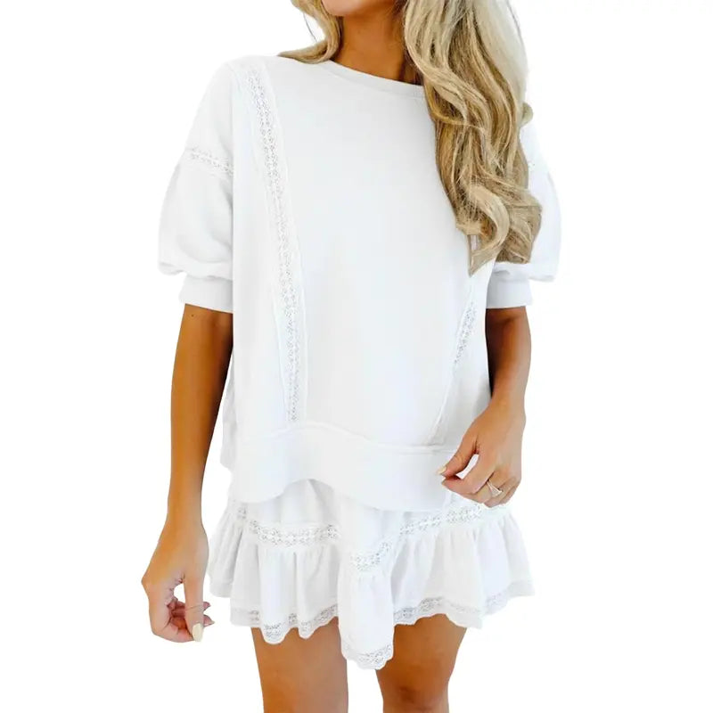 Fisoew Women's Cotton Lace Trim 2-Piece Set - Short Puff Sleeve Top & Ruffled Shorts, Trending Casual Matching Set for Summer Vacation Beach Lounging, Soft Ready-to-Wear Lacy Outfit SohoChic