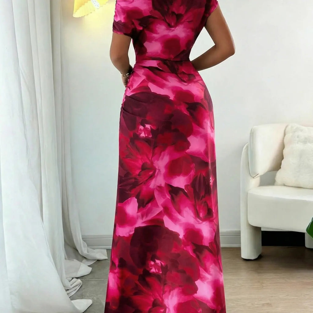 Women's Minimalist Print Asymmetrical Ruffled Floral Formal Dress with Shoulder and Waist Details, Elegant Chic Evening Formal Wear Fashion for Parties and Casual Outings