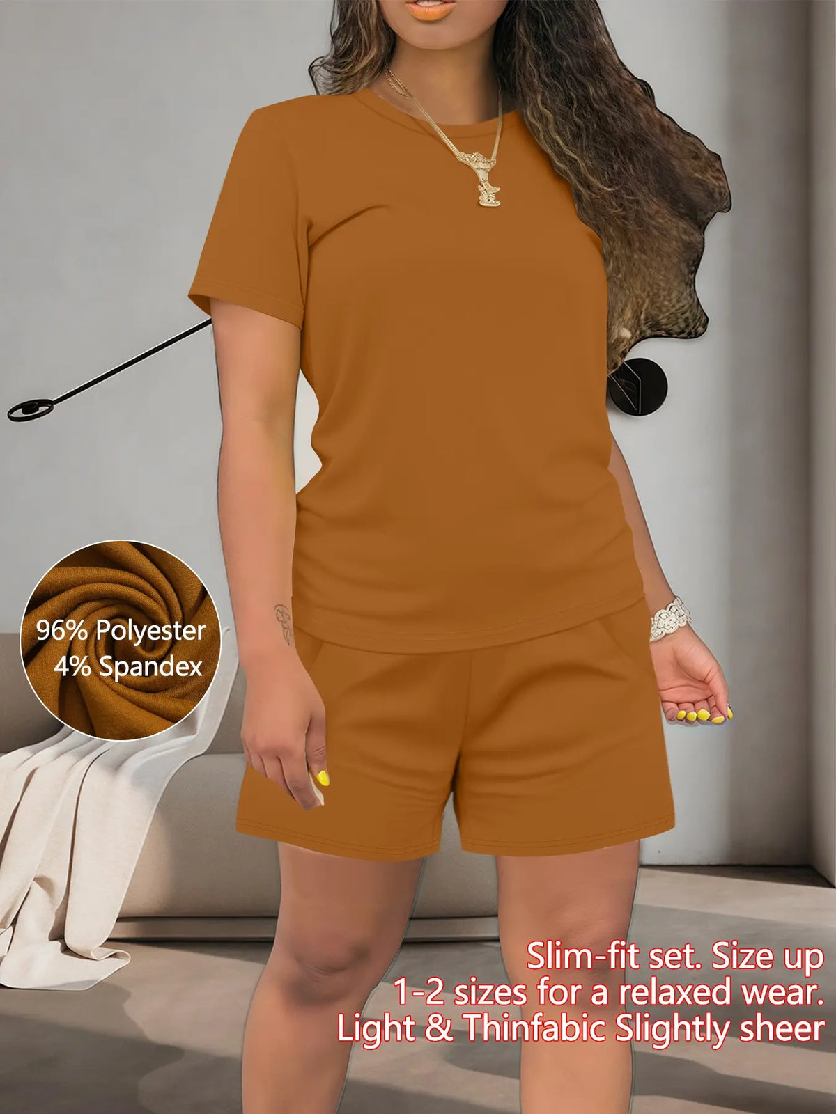 Women's Summer Casual Basic Set, Polyester Spandex, Regular-Fit Short-Sleeve Top & Shorts, Plain Color, Comfortable for Daily Wear, Outfit, Clothes