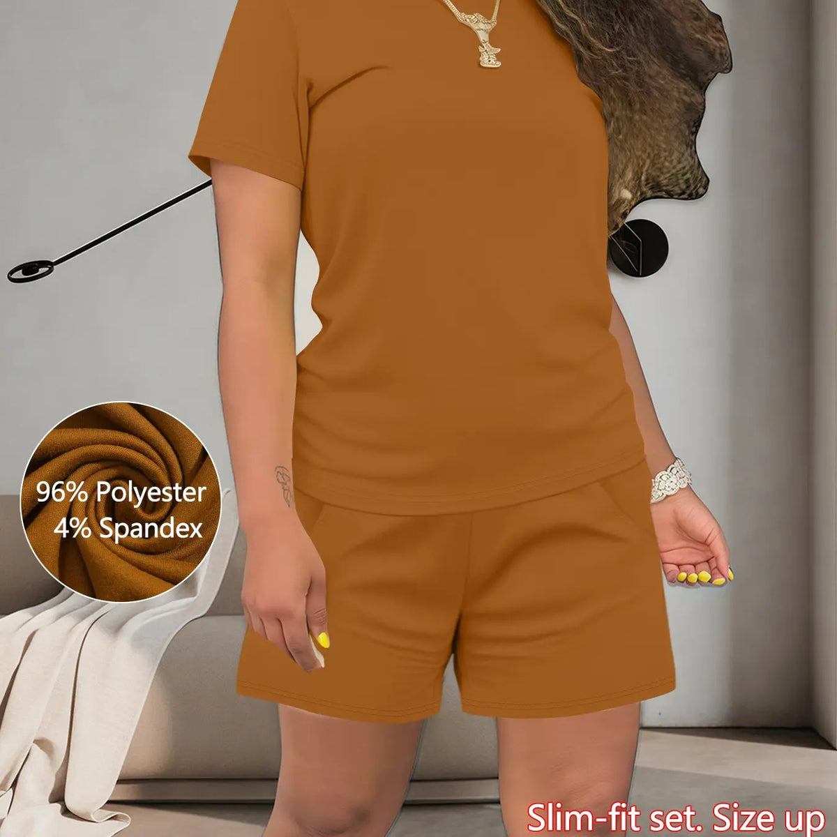 Women's Summer Casual Basic Set, Polyester Spandex, Regular-Fit Short-Sleeve Top & Shorts, Plain Color, Comfortable for Daily Wear, Outfit, Clothes