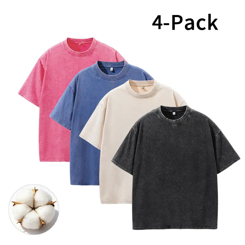 Men's Vintage Washed Cotton Streetwear T-Shirts, 2/4-Pack Oversized Plain Round Neck Bundle Short-Sleeve Tops with Cotton Build for Daily Rotation, Men's T Shirts
