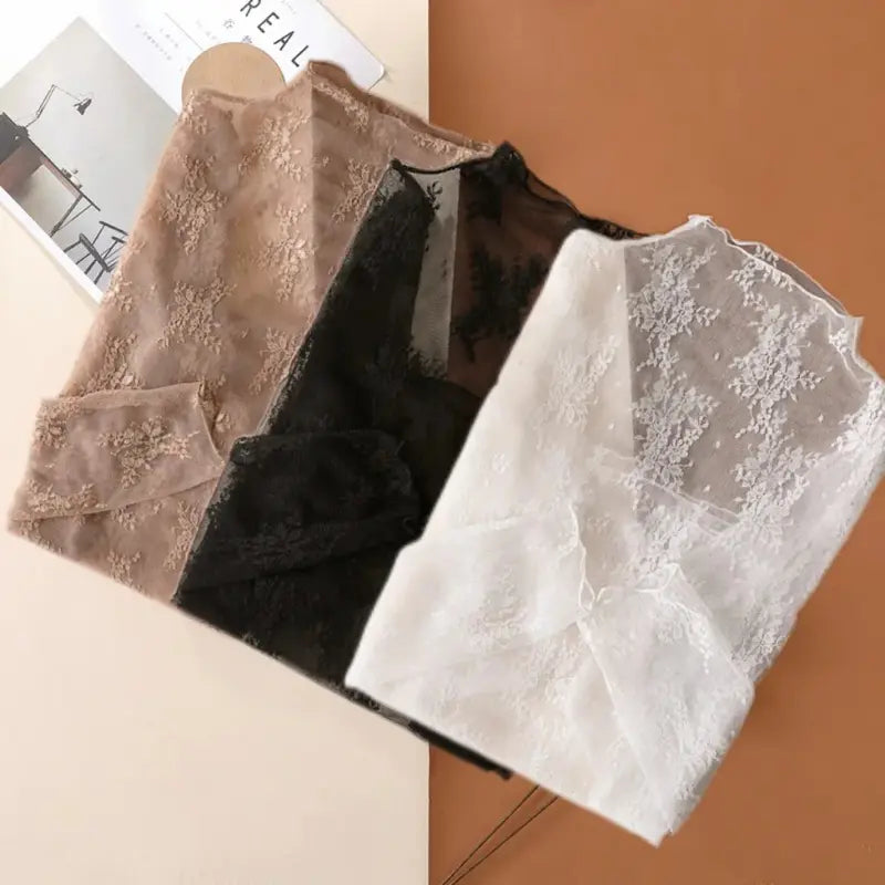 Women's 3-Pack Sheer Floral Embroidery Lace Long Sleeve Mock Neck Blouse Shirts (Black+White+Coffee) - Shirts for Women, Feminine Look, All Seasons Sports & Outdoor Camping Travel Essentials Tops