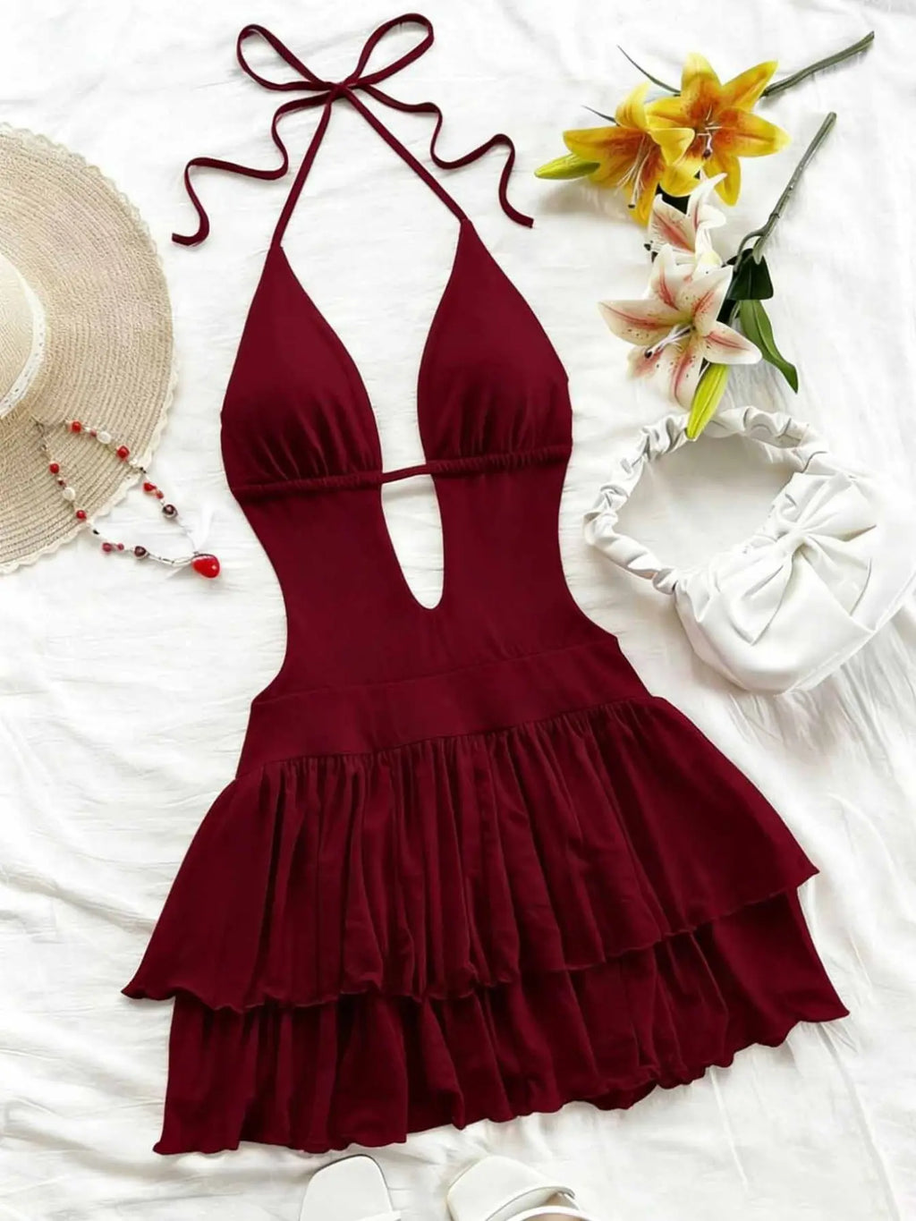 Sexy Backless Halter Statement Party Dress Aesthetic, Slim-Fitting Fitted Y2K Style, Women's Cross-Border Fashion, High-Waisted Belted Design, Perfect for Parties, Halter Sleeveless Dress