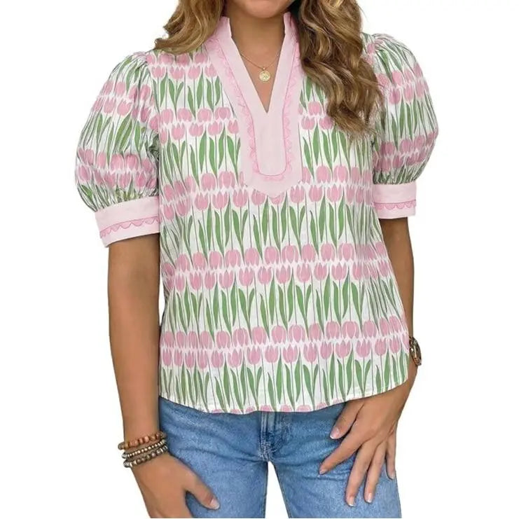TANKANEO Women's Elegant Chic V-Neck Puff Sleeve Polyester Blouse - Dressy Tops for Coffee, Party, Summer, Loose Fit with Floral or Leopard Prints, Blouses for Women