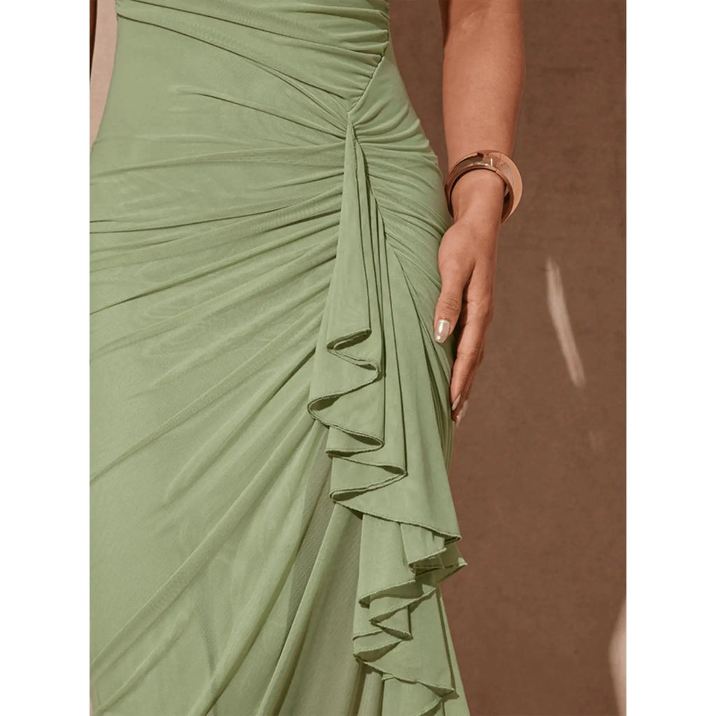 Sexy Elegant Halter Sleeveless Dress for Women, Summer New Arrival, Tight-Fitting Split Hem Ruffle Backless Long Dress, Trendy Fashion